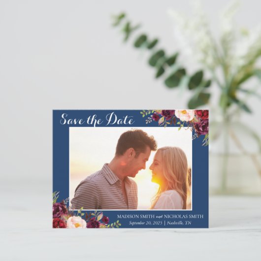 Marsala Navy Floral Foto Save the Date Postcard Postkarte (Stehend Vorderseite)