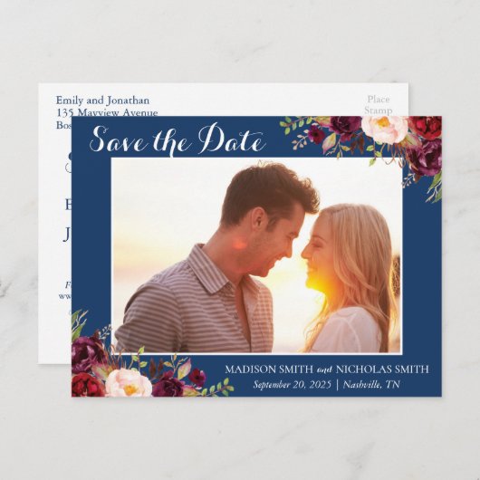 Marsala Navy Floral Foto Save the Date Postcard Postkarte (Vorne/Hinten)