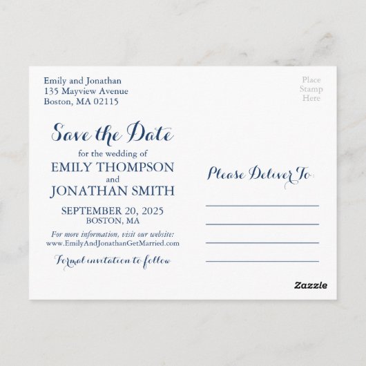 Marsala Navy Floral Foto Save the Date Postcard Postkarte (Rückseite)