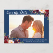 Marsala Navy Floral Foto Save the Date Postcard Postkarte (Vorderseite)