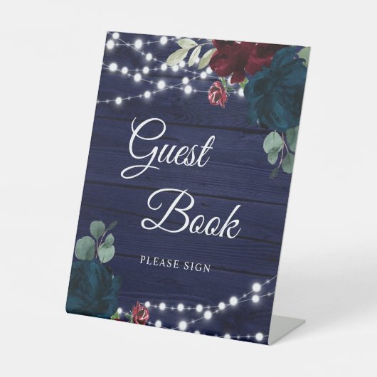 Marsala & Navy Floral Rustic Wood Guest Book Sign Sockelschild (Vorderseite)