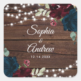 Marsala & Navy Rustic Wood Wedding Umschlag Aufkle Quadratischer Aufkleber