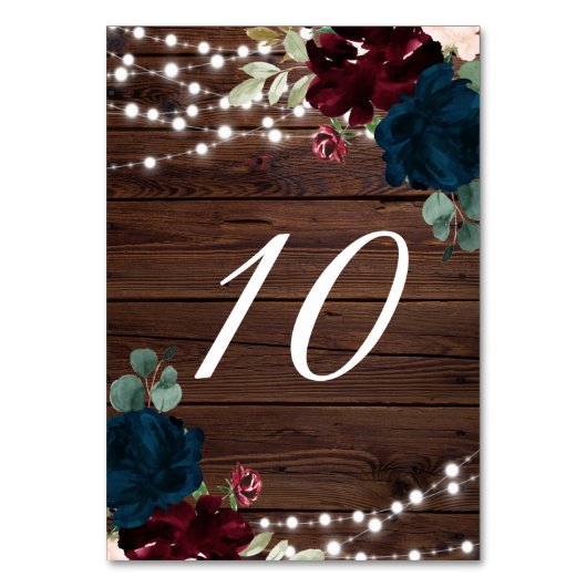 Marsala & Navy Rustikales Holz 10 Tischnummern (Rückseite)
