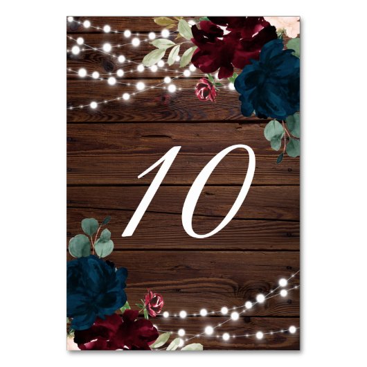 Marsala & Navy Rustikales Holz 10 Tischnummern (Vorderseite)