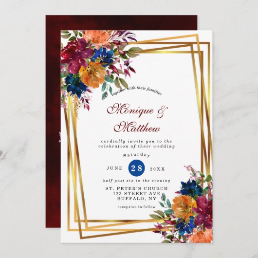 Marsala Orange Floral Geometric Wedding Invi Einladung (Vorne/Hinten)