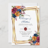 Marsala Orange Floral Gold Geometric Wedding Einladung (Vorderseite)