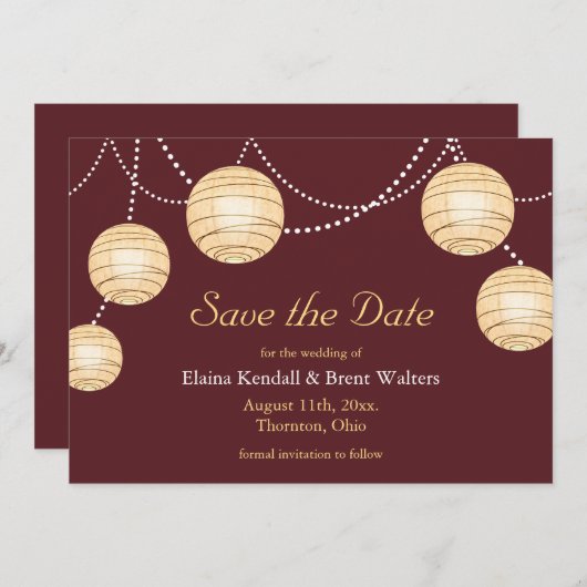 Marsala Party Lanterns Save the Date Einladung (Vorne/Hinten)