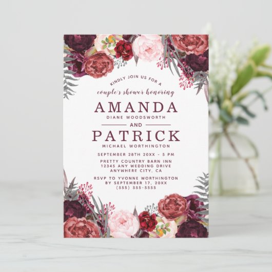 Marsala Peony Fall Boho Paare Dusche Einladungen (Stehend Vorderseite)