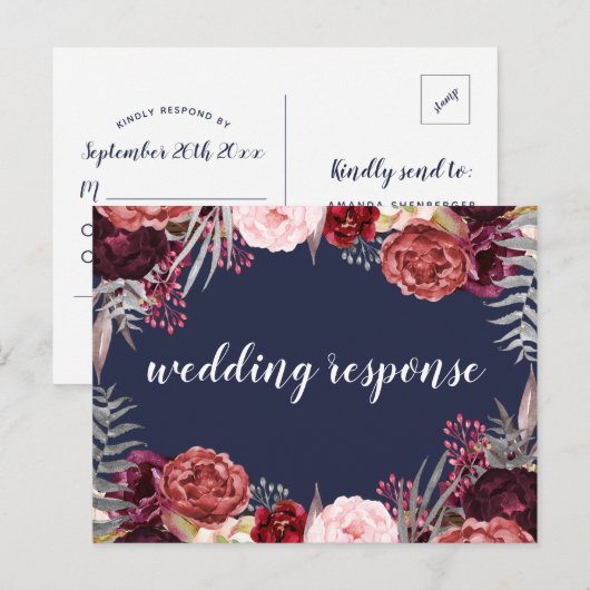 Marsala Peony Wedding RSVP Postkarten (Vorne/Hinten)