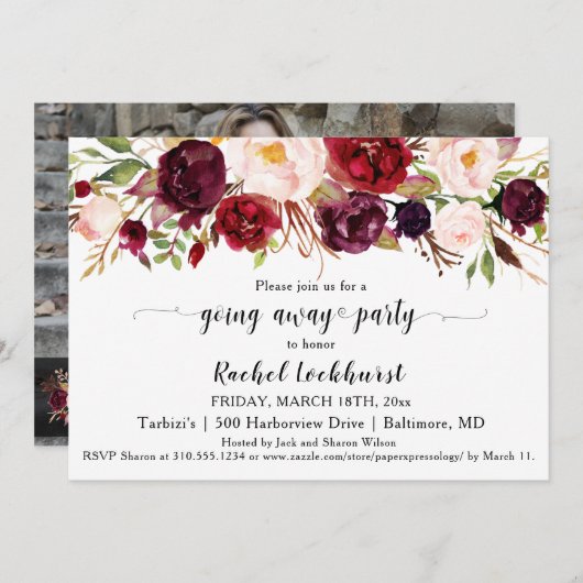 Marsala Pink Blume weg Party Abschied Einladung (Vorne/Hinten)