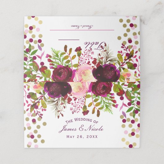 Marsala Pink Floral Gold Burgundy Tischplatze Platzkarte (Außenseite Aufgefaltet)