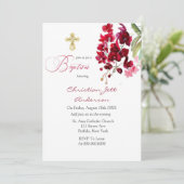 Marsala Pink Floral Gold Cross Taufen Einladung (Stehend Vorderseite)