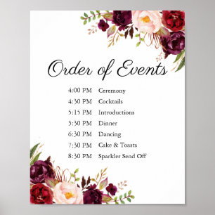 Marsala Pink Floral Wedding Order of Events unterz Poster
