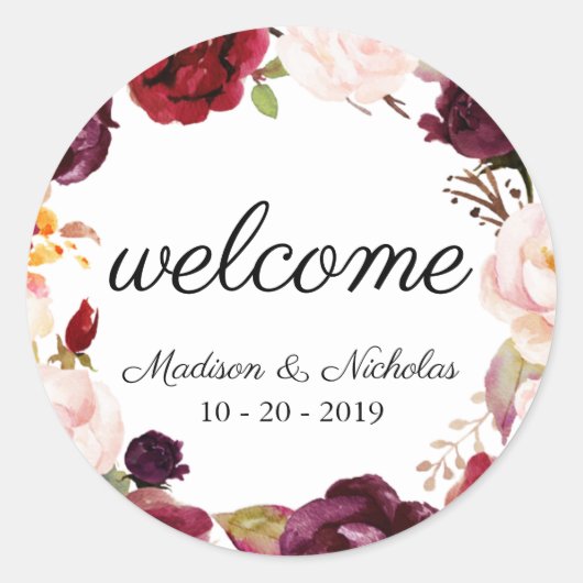 Marsala Pink Floral Wedding Welcome Stickers (Vorderseite)