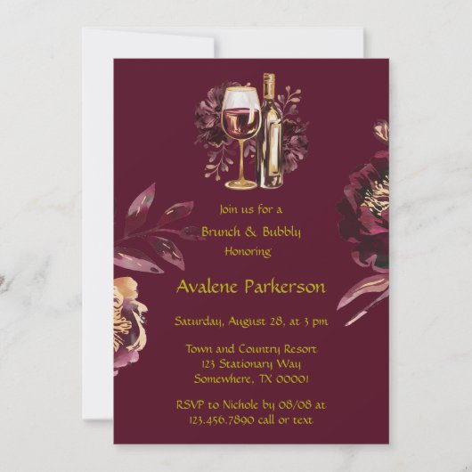 Marsala Red and Gold Peony Brunch und Bubbly Einladung (Vorderseite)