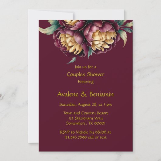 Marsala Red and Gold Peony Couples Dusche Einladung (Vorderseite)