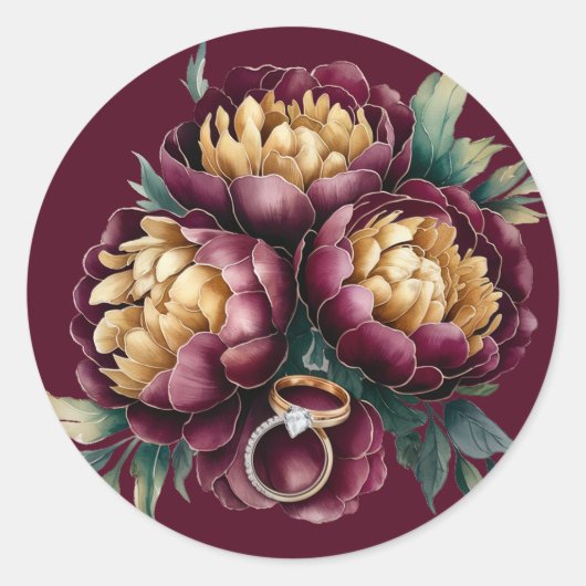 Marsala Red and Gold Peony mit Hochzeitsrennen Runder Aufkleber (Vorderseite)