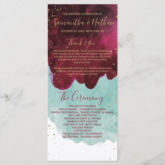 Marsala Red Aquamarin Watercolor Gold Hochzeitspro Programm (Vorderseite)