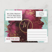 Marsala Red Aquamarin Watercolor Gold Splash Rette Ankündigungspostkarte (Rückseite)