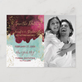 Marsala Red Aquamarin Watercolor Gold Splash Rette Ankündigungspostkarte