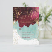 Marsala Red Aquamarin Watercolor Gold Splash UAWG RSVP Karte (Stehend Vorderseite)