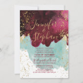 Marsala Red Aquamarin Watercolor Gold Splash Weddi Einladung (Vorderseite)