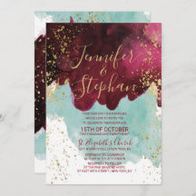 Marsala Red Aquamarin Watercolor Gold Splash Weddi