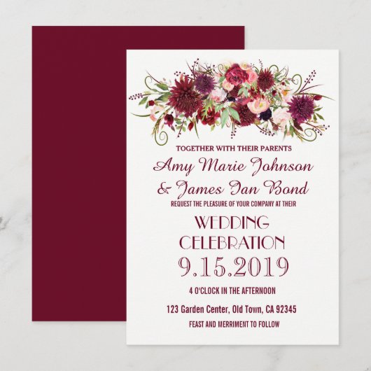 Marsala Red Burgund Floral Wedding Einladungen (Vorne/Hinten)