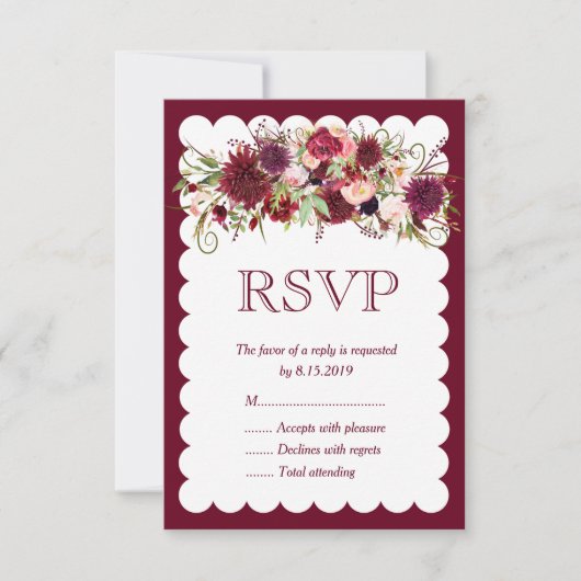 Marsala Red Burgundy Floral Boho Wedding RSVP Card (Vorderseite)