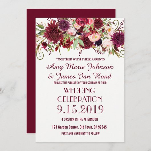 Marsala Red Burgundy Floral Chic Wedding Cards Einladung (Vorne/Hinten)