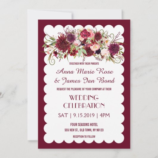 Marsala Red Burgundy Floral Chic Wedding Einladung (Vorderseite)