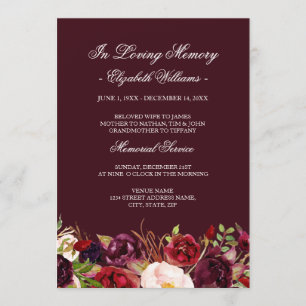 Marsala Red Burgundy Floral Memorial Service Einladung