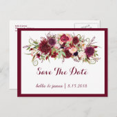 Marsala Red Burgundy Floral Save the Date Postcard Ankündigungspostkarte (Vorne/Hinten)