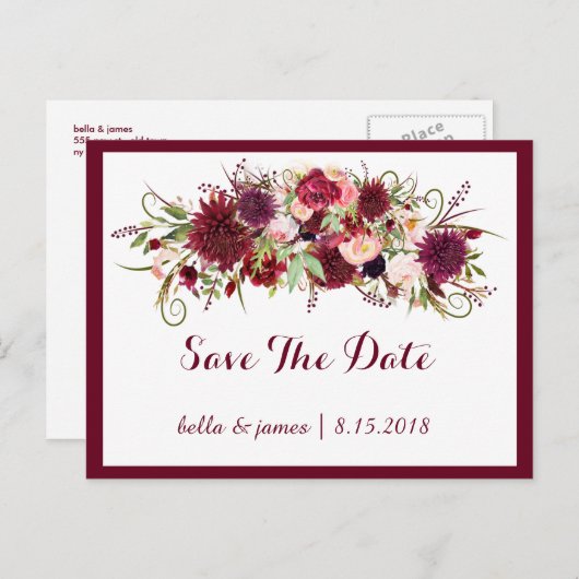 Marsala Red Burgundy Floral Save the Date Postcard Ankündigungspostkarte (Vorne/Hinten)
