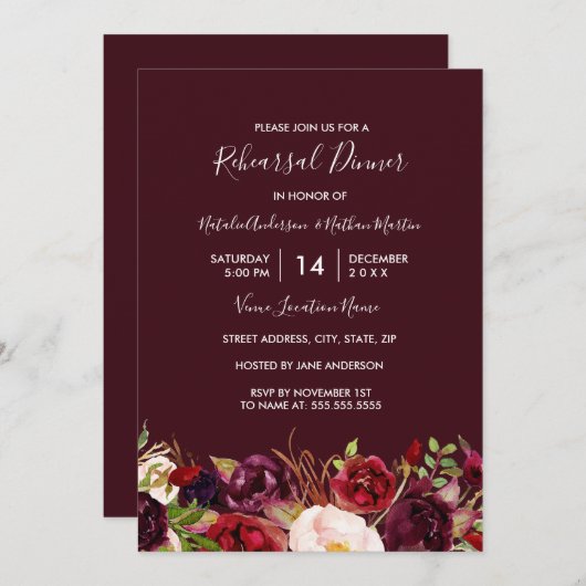 Marsala Red Burgundy Probe Dinner Einladung (Vorne/Hinten)