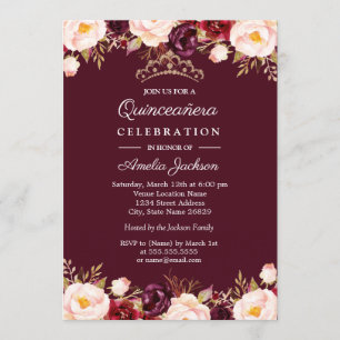 Marsala Red Burgundy Watercolor Floral Quinceanera Einladung