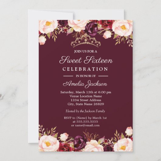 Marsala Red Burgundy Watercolor Floral Sweet 16 Einladung (Vorderseite)