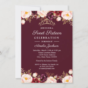 Marsala Red Burgundy Watercolor Floral Sweet 16 Einladung