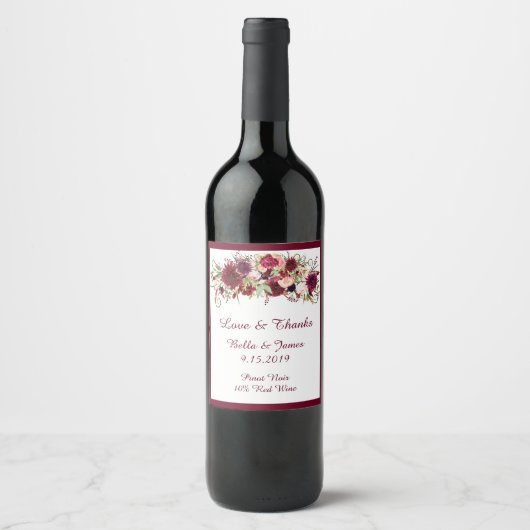 Marsala Red Floral Boho Wedding Wine Labels Weinetikett (Vorderseite)