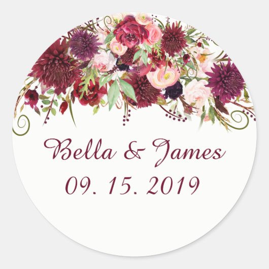 Marsala Red Floral Chic Wedding Stickers (Vorderseite)