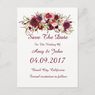 Marsala Red Floral Wedding Save the Date Postcard Ankündigungspostkarte