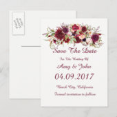 Marsala Red Floral Wedding Save the Date Postcard Ankündigungspostkarte (Vorne/Hinten)
