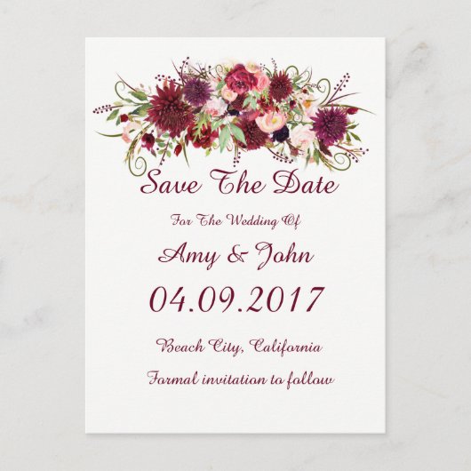 Marsala Red Floral Wedding Save the Date Postcard Ankündigungspostkarte (Vorderseite)