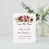 Marsala Red Floral Wedding Save the Date Postcard Ankündigungspostkarte (Stehend Vorderseite)