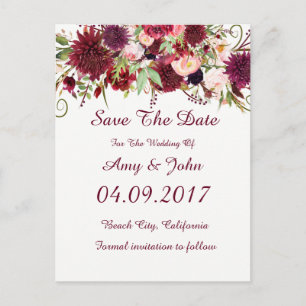 Marsala Red Floral Wedding Save the Date Postcard Ankündigungspostkarte