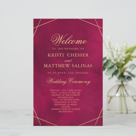 Marsala Red Modern Watercolor Wedding Program Card (Stehend Vorderseite)