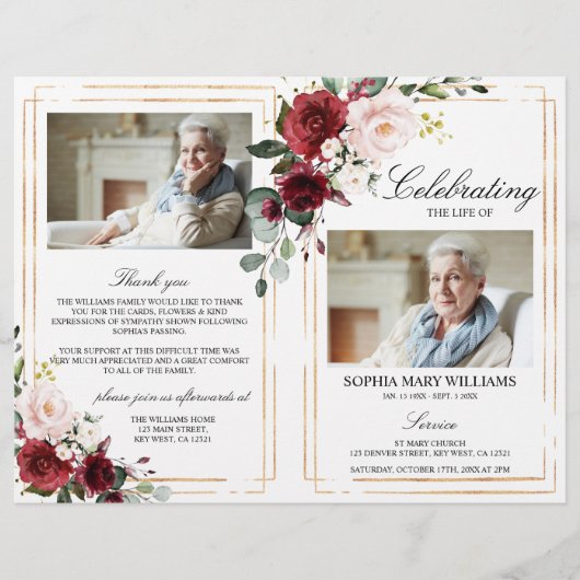 Marsala Rose Beerdigung Programm | Dienstplan (Vorderseite)