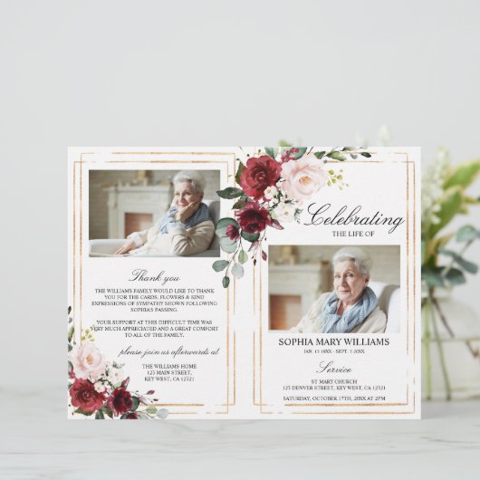 Marsala Rose Beerdigung Programm | Dienstplan (Stehend Vorderseite)