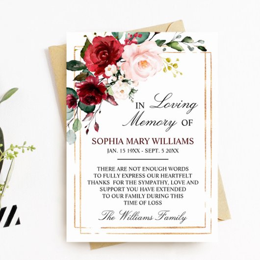 Marsala Rose Beileid Memory Dankeskarte