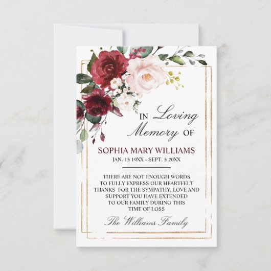 Marsala Rose Beileid Memory Dankeskarte (Vorderseite)